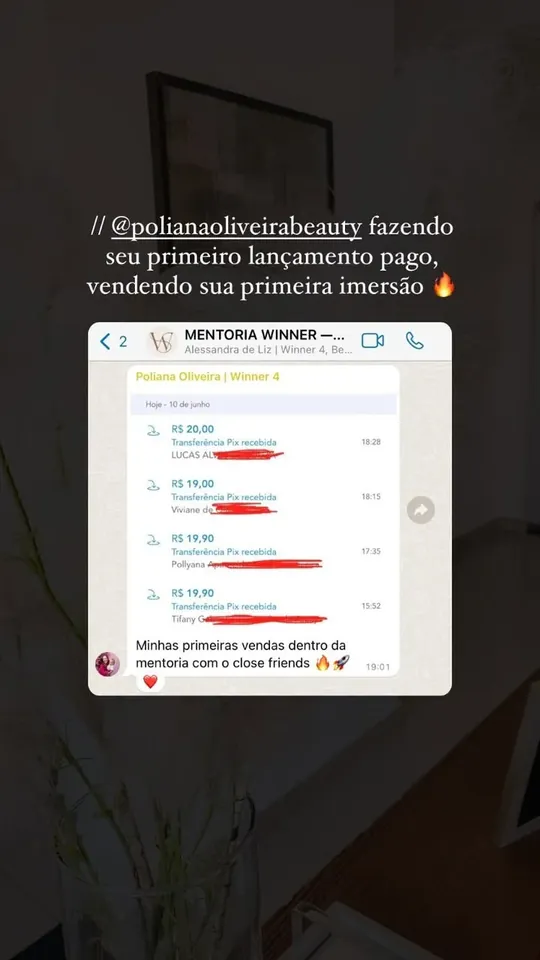 Story: aluna fazendo seu primeiro lançamento pago, vendendo sua primeira imersão